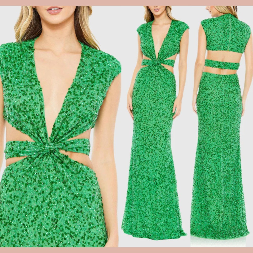 NEW Mac Duggal‎ [ 0 ] 10919 Sequined Cap Sleeve Plunge Neck Cut out Gown S1867